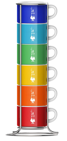 Bialetti Six Stackable Espresso Cups with Stand, Multicolor, Ceramic, 3.54x3.54x11.22 in (9x9x28.5 cm)