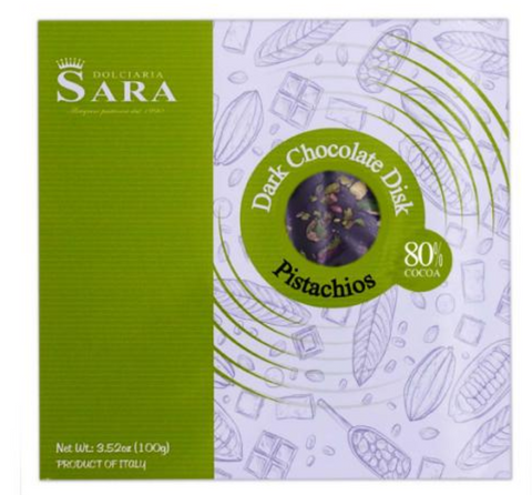 Sara, Round Dark Chocolate Bar (80 % Cocoa) w/ Pistachio 3.53 oz (100 g)